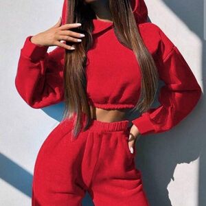 SHEIN Red Cropped Hoodie and High-Waist Joggers Set